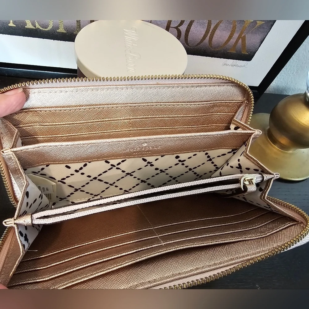 Kate Spade Metallic Rose Gold Zipe Around Wallet